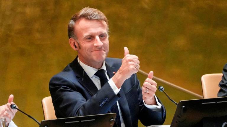French President Emmanuel Macron gives a thumb up during a high-level meeting of heads of state on a two-state solution between Israel and the Palestinians at United Nations headquarters in New York City, U.S., September 22, 2025. - REUTERSPIX
