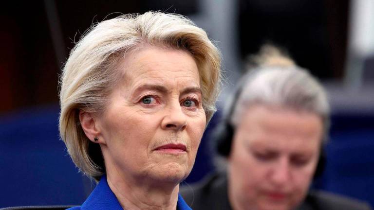 EU Commission President Ursula von der Leyen attends a debate on recent Russian violations of the EU Member States’ airspace and critical infrastructure at the European Parliament in Strasbourg, eastern France, on October 8, 2025. (Photo by FREDERICK FLORIN / AFP)