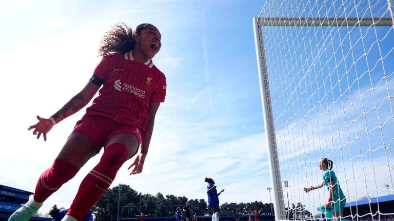 FILE PHOTO: Liverpool’s Olivia Smith celebrates scoring a goal. Kingsmeadow, London, Britain, April 12, 2025. Action Images via Reuters/Matthew Childs/File Photo