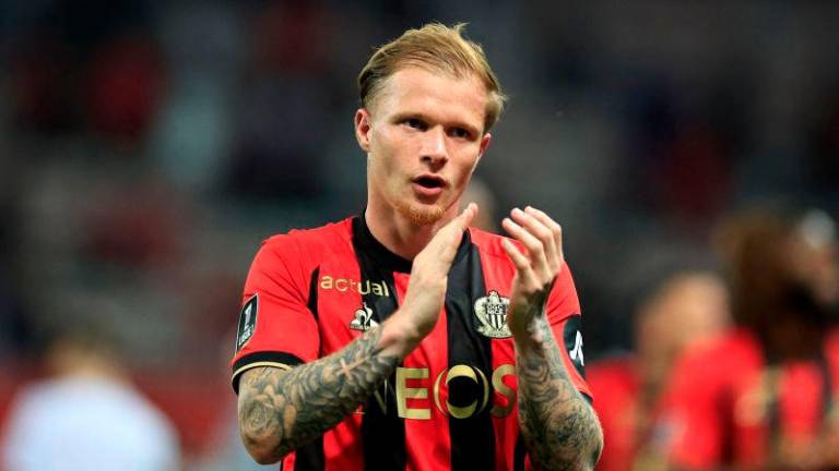 Nice’s French defender #26 Melvin Bard celebrates his team’s victory at the end of the French L1 football match between OGC Nice and Stade de Reims at the Allianz Riviera Stadium in Nice, south-eastern France, on May 2, 2025. AFPpix