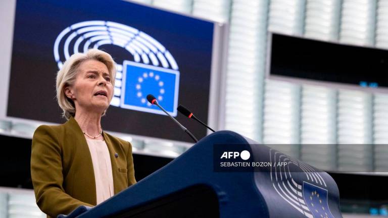 EU Commission President Ursula von der Leyen gives her annual State of the Union address during a plenary session at the European Parliament in Strasbourg, eastern France, on September 10, 2025. (Photo by SEBASTIEN BOZON / AFP)