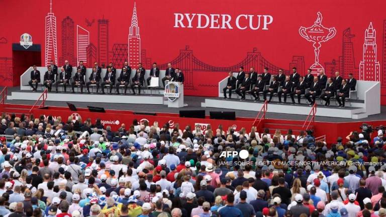 Captain Keegan Bradley of Team United States speaks to the crowd during the opening ceremony for the 2025 Ryder Cup at Black Course at Bethpage State Park Golf Course on September 24, 2025 in Farmingdale, New York. - Getty Images via AFP
