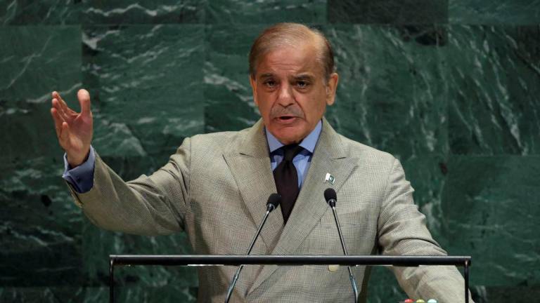 Muhammad Shehbaz Sharif, Prime Minister of Pakistan, addresses the 80th United Nations General Assembly at U.N. headquarters in New York City, U.S., September 26, 2025. REUTERS/Jeenah Moon