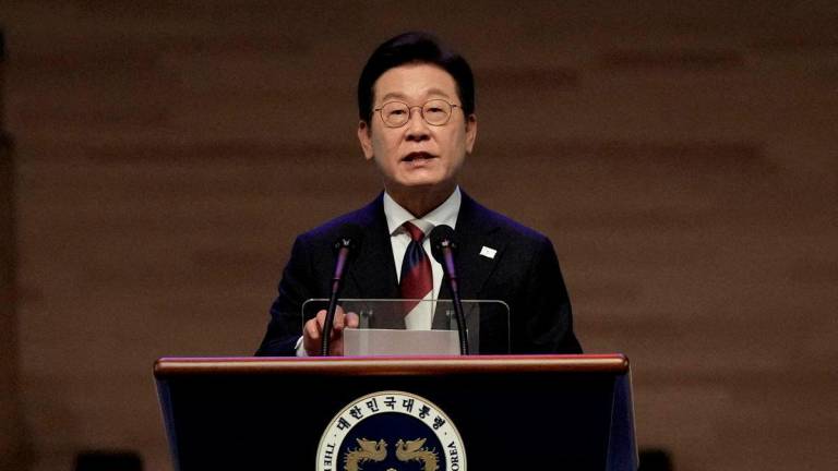 FILE PHOTO: South Korean President Lee Jae Myung speaks during a ceremony to celebrate the 80th anniversary of Korea’s liberation from Japanese colonial rule, in Seoul, South Korea, Friday, Aug. 15, 2025. Ahn Young-joon/Pool via REUTERS/File Photo