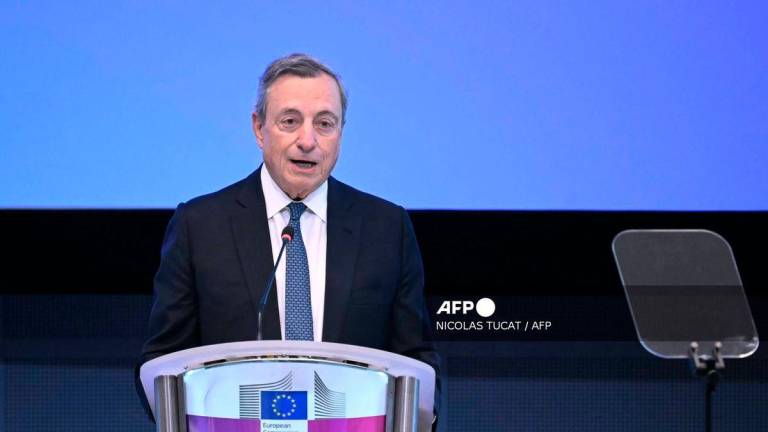 Italian economist and former European Central Bank (ECB) president Mario Draghi gives a press conference to review progress one year after the “Draghi report” on the Future of European Competitiveness, at the EU headquarters in Brussels, on September 16, 2025. (Photo by NICOLAS TUCAT / AFP)