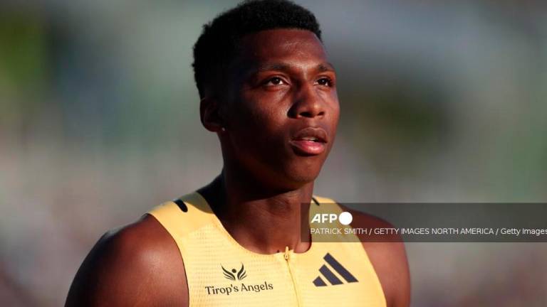 EUGENE, OREGON - JUNE 28: Erriyon Knighton reacts after competing in the men's 200 meter semi-final on Day Eight of the 2024 U.S. Olympic Team Track &amp; Field Trials at Hayward Field on June 28, 2024 in Eugene, Oregon. - Patrick Smith/Getty Images/AFPPIX