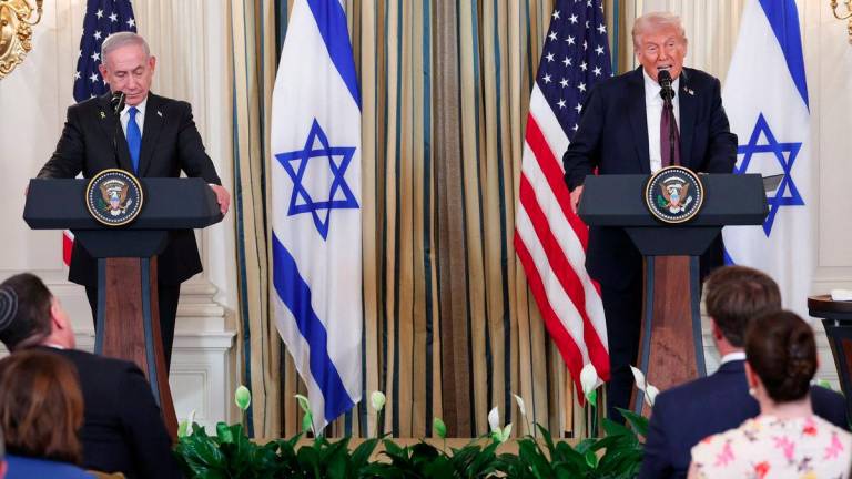 U.S. President Donald Trump and Israeli Prime Minister Benjamin Netanyahu hold a joint press conference in the State Dining Room at the White House in Washington, D.C., U.S., September 29, 2025. - REUTERSPIX