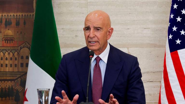 U.S. special envoy for Syria Tom Barrack speaks during a press conference with Syrian Foreign Minister Asaad Hassan al-Shibani and Jordanian Foreign Minister Ayman Safadi, in Damascus, Syria September 16, 2025. REUTERS/Khalil Ashawi