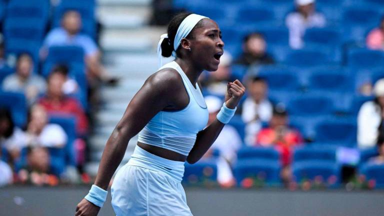 US's Coco Gauff reacts after winning a point against to Russia's Kamilla Rakhimova during their women's single match at the China Open tennis tournament in Beijing on September 26, 2025. - AFPPIX