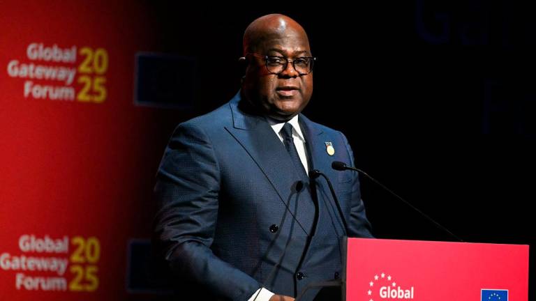 The Democratic Republic of the Congo’s President Felix Tshisekedi addresses the audience during the Global Gateway Forum 2025 at the Square - Brussels Meeting Centre, in Brussels on October 9, 2025. - NICOLAS TUCAT / AFP