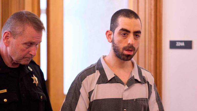 Hadi Matar, the man convicted of stabbing author Salman Rushdie arrives for his sentencing hearing at the Chautauqua County Courthouse in Chautauqua, New York, on May 16, 2025. AFPpix