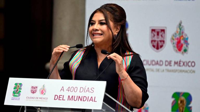 Mexico City Mayor Clara Brugada speaks during the presentation of the program and organizing committee for the 2026 FIFA World Cup in Mexico City on May 7, 2025
