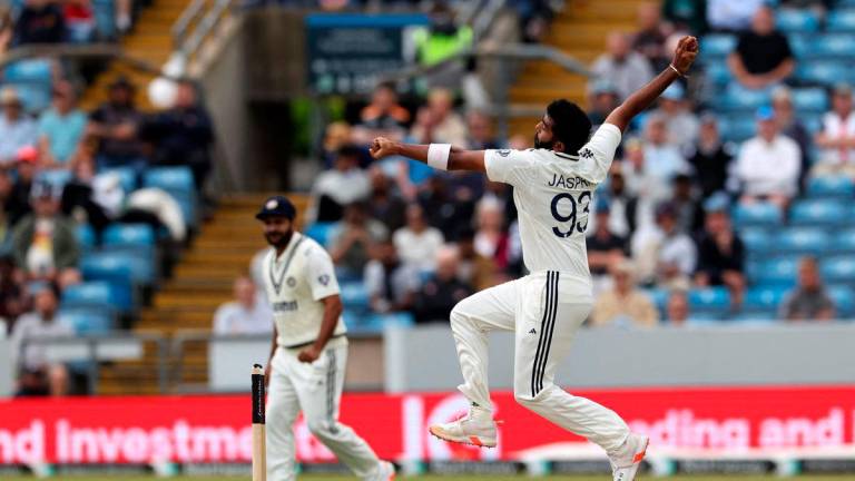 India’s Jasprit Bumrah bowls on day five of the first cricket test match between England and India at Headingley cricket ground in Leeds, northern England on June 24, 2025. (Photo by Darren Staples / AFP)