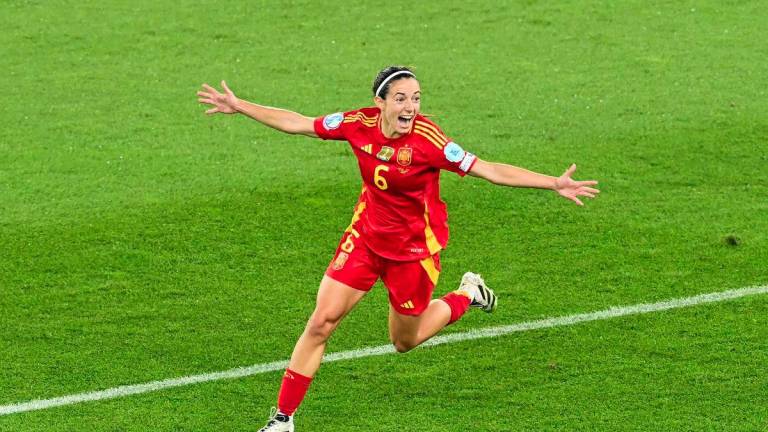 Spain's midfielder #06 Aitana Bonmati celebrates after scoring Spain's first goal during the UEFA Women's Euro 2025 semi-final football match between Germany and Spain at the Letzigrund Stadium in Zurich, on July 23, 2025. - AFPPIX
