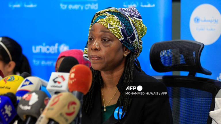 Sara Beysolow Nyanti, the United Nations Children’s Fund (UNICEF) Representative in Yemen, gives a press conference in the Yemeni capital Sanaa on October 23, 2019. - AFP