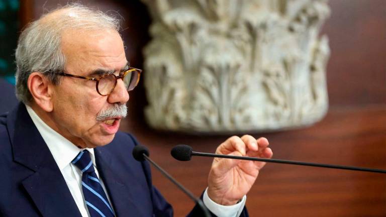 Lebanon’s ebanon’s Prime Minister Nawaf Salam speaking to the press after a cabinet session to discuss the issue of disarming Hezbollah at the presidential palace of Baabda east of Beirut. (Photo by Lebanese Presidency / AFP)