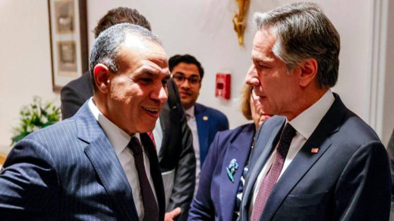 US Secretary of State Antony Blinken (R) speaks with Egypt's Foreign Minister Badr Abdelatty (L) at the presidential palace in Cairo on September 18, 2024. - AFPPIX