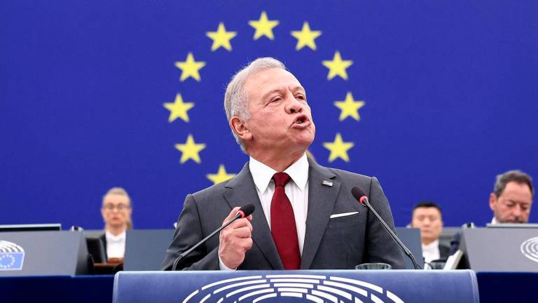 Jordanian King Abdullah II addresses members of European Parliament during a formal sitting in Strasbourg, eastern France, on June 17, 2025. (Photo by FREDERICK FLORIN / AFP)