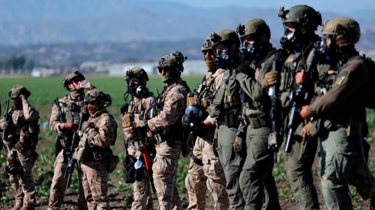 U.S. federal agents stand guard while blocking a road leading to an agricultural facility where U.S. federal agents and immigration officers carried out an operation, in Camarillo, California, U.S., July 10, 2025. - REUTERSPIX