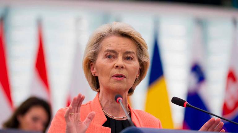 European Commission President Ursula von der Leyen gives a speech during a plenary session at the European Parliament, where a motion of censure against the European Commission is debated, in Strasbourg on July 7, 2025. (Photo by Jean-Christophe Verhaegen / AFP)
