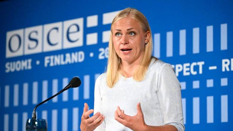 Finland’s Minister for Foreign Affairs Elina Valtonen delivers a press conference during the Helsinki +50 Conference, marking the 50th anniversary of the Helsinki Final Act in Helsinki, on July 31, 2025. (Photo by Mikko Stig / LEHTIKUVA / AFP)