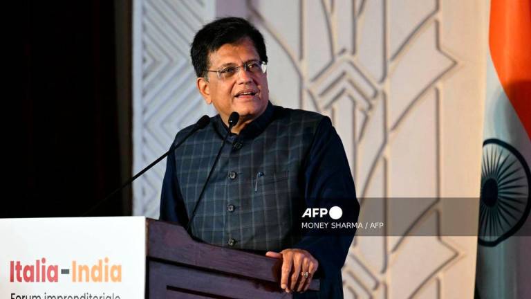 India’s Commerce and Industry Minister Piyush Goyal speaks during the Italy-India Business, Science and Technology Forum, in New Delhi on April 11, 2025. (Photo by Money SHARMA / AFP)