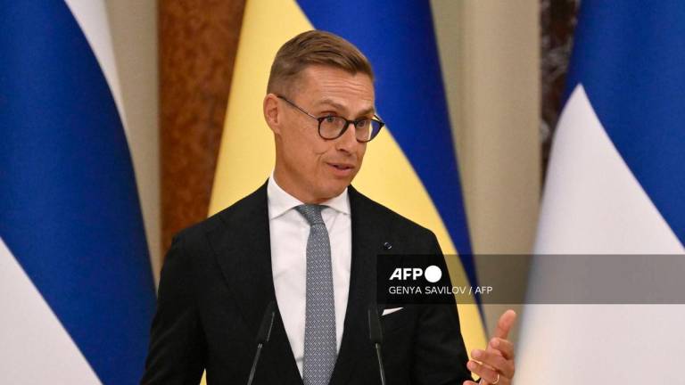 President of Finland Alexander Stubb speaks during a press conference with the Ukrainian President following their talks at Mariyinsky Palace in Kyiv on September 11, 2025, amid the Russian invasion in Ukraine. (Photo by Genya SAVILOV / AFP)