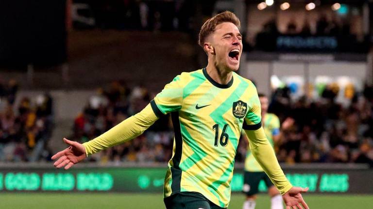 Australia's Max Balard celebrates scoring his team's first goal during the international friendly football match between Austrlia and New Zealand in Canberra on September 5, 2025. - AFPPIX