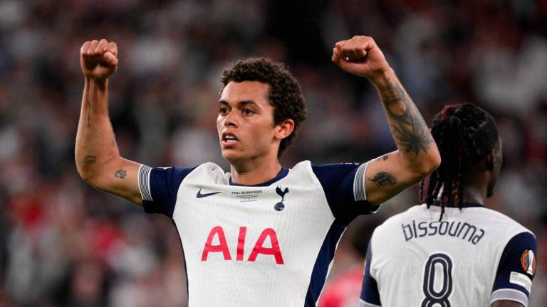 Tottenham Hotspur's Welsh forward #22 Brennan Johnson celebrates scoring the opening goal during the UEFA Europa League final football match between Tottenham Hotspur and Manchester United at San Mames stadium in Bilbao on May 21, 2025. - AFPPIX