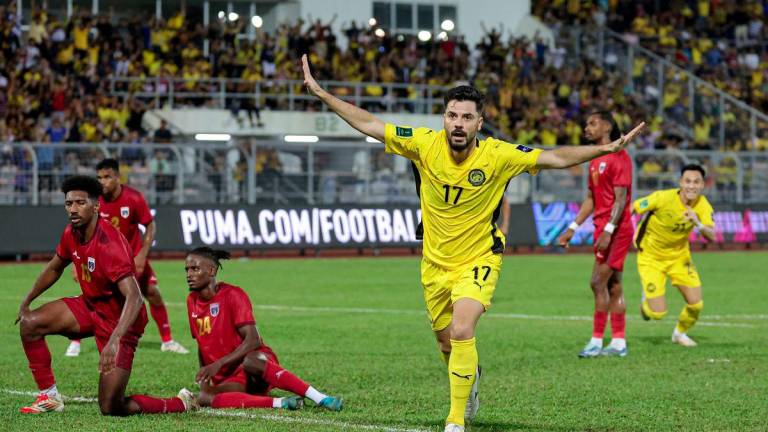 Malaysian player Sturmer Dos Reis Paulo Josue celebrates after scoring a goal against Cape Verde during the Tier 1 International Match at the Kuala Lumpur Football Stadium on May 29. - BERNAMAPIX