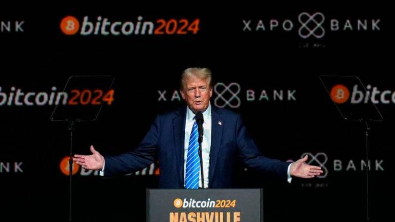 Republican presidential nominee and former U.S. President Donald Trump speaks at the Bitcoin 2024 event- REUTERSpix