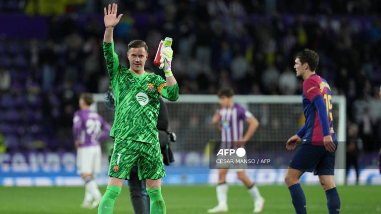 Barcelona's German goalkeeper #01 Marc-Andre Ter Stegen celebrates at the end of the Spanish league football match between Real Valladolid FC and FC Barcelona at the Jose Zorrilla stadium in Valladolid on May 3, 2025. - AFP