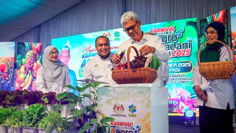 Federal Agricultural Marketing Authority (FAMA) Chairman, Aminuddin Zulkipli (second from right), officiates the Agro MADANI Sales Carnival @ Terengganu 2025 and the Launch Ceremony of the 2025 Eat More Local Fruits Campaign for the state of Terengganu at the Terengganu State Sports Council Complex, Gong Badak, today. – BERNAMA