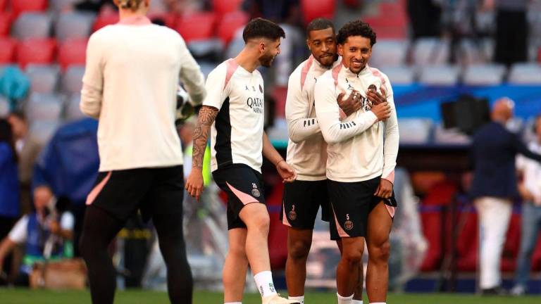 Paris Saint-Germain’s French defender #03 Presnel Kimpembe (2R), Paris Saint-Germain’s Brazilian defender #05 Marquinhos (R) and Paris Saint-Germain’s Brazilian defender #35 Lucas Beraldo (2L). AFPpix