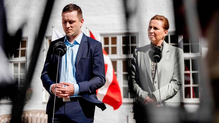 In this photo taken on April 27, 2025 Denmark’s Prime Minister Mette Frederiksen (R) and Greenland’s Prime Minister Jens-Frederik Nielsen hold a doorstep press conference at Marienborg, Copenhagen. Danish Prime Minister Mette Frederiksen on August 27, 2025 apologised to more than 4,500 Greenlandic victims of Denmark’s forced contraception campaign aimed at reducing the Inuit birth rate. - Mads Claus Rasmussen / RITZAU SCANPIX / AFP