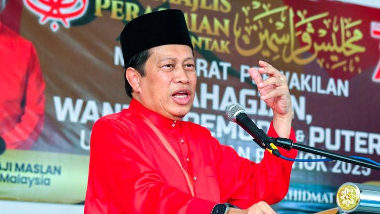 Ahli Majlis Kerja Tertinggi UMNO Datuk Seri Ahmad Maslan menyampaikan ucapan padamajlis perasmian Mesyuarat Perwakilan UMNO Bachok 2025 di Dewan Damai Ry, Kampung Teratak Pulai hari ini. - fotoBERNAMA