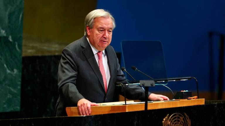 UN Secretary General Antonio Guterres speaks during a United Nations Summit on Palestinians at UN headquarters during the United Nations General Assembly (UNGA) in New York on September 22, 2025. - AFPPIX