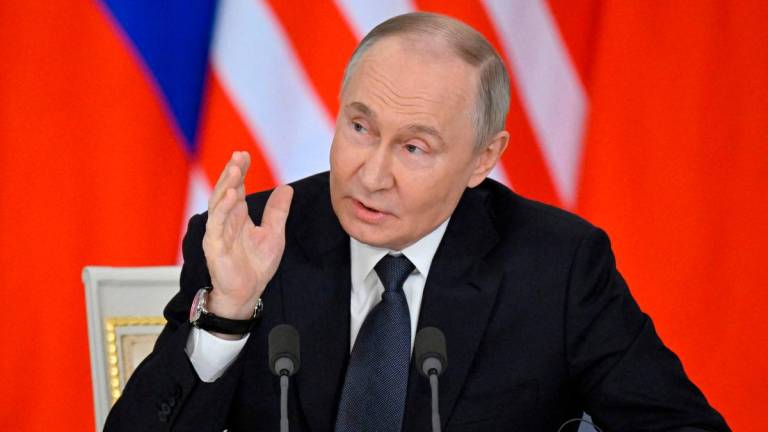 Russian President Vladimir Putin speaks during a joint media statement with Malaysia’s Prime Minister following their talks at the Kremlin in Moscow on May 14, 2025. AFPpix