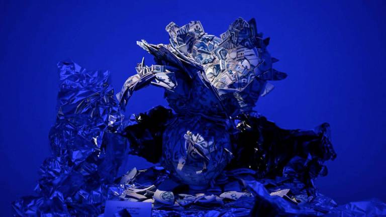 This picture taken on July 24, 2025 shows a creation by Malaysian artist Alice Chang made from shards of porcelain rescued from the historic 400-year-old Portuguese Wanli shipwreck at a gallery in Ampang, Malaysia's Selangor state. - AFPPIX