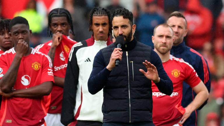 Manchester United’s Portuguese head coach Ruben Amorim speaks to supporters after the English Premier League football match between Manchester United and Aston Villa at Old Trafford in Manchester, north west England, on May 25, 2025. AFPpix