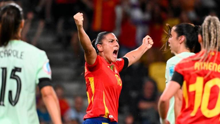 Spain’s forward #16 Cristina Martin-Prieto (C) celebrates after she scored her team’s fifth goal during the UEFA Women’s Euro 2025 Group B football match between Spain and Portugal at the Wankdorf stadium in Bern, on July 3, 2025 - AFP