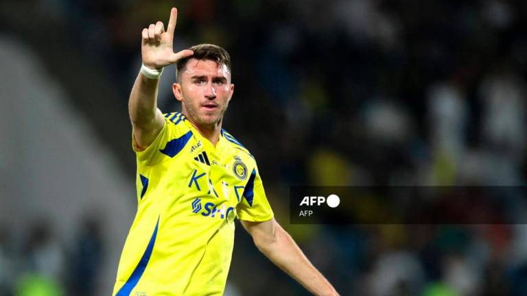 Nassr's French defender #27 Aymeric Laporte celebrates after scoring his team's first goal during the Saudi Pro League football match between Damac and Al-Nassr at Prince Sultan bin Abdulaziz Sports City in Abha on April 22, 2025. - AFPPIX