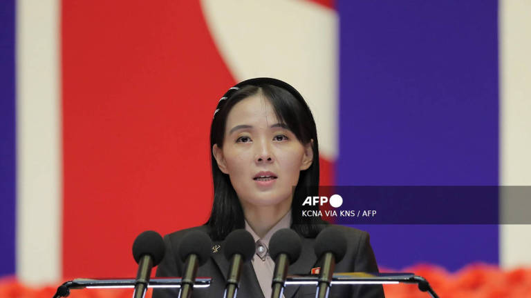 This picture taken on August 10, 2022 and released from North Korea's official Korean Central News Agency (KCNA) on August 14, 2022 shows Kim Yo Jong, the sister of North Korea's leader Kim Jong Un, speaking at the National Emergency Prevention General Meeting in Pyongyang. - AFP photo/KCNA via KNS
