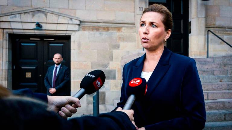 Danish Prime Minister Mette Frederiksen gives a press statement to comment on drone activity at Copenhagen Airport, in Copenhagen on September 23, 2025. - Emil Nicolai Helms / RITZAU SCANPIX / AFP