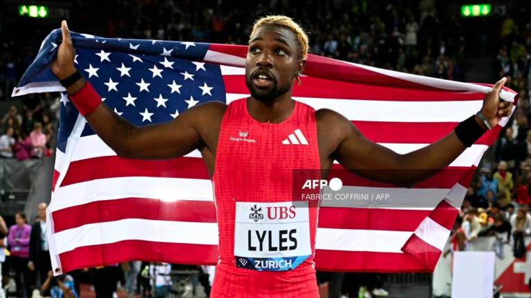 US Noah Lyles celebrates after winning the 200m Men event of the Diamond League athletics meeting Weltklasse at the Letzigrund stadium in Zurich, on August 28, 2025. - AFPPIX