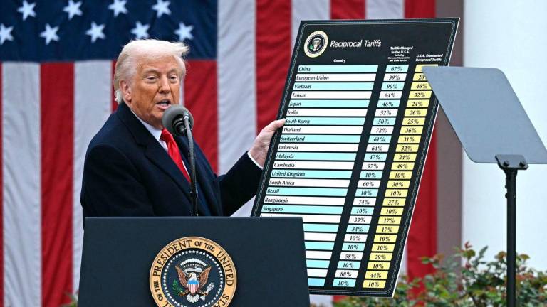 (FILES) US President Donald Trump holds a chart as he delivers remarks on reciprocal tariffs during an event in the Rose Garden entitled “Make America Wealthy Again” at the White House in Washington, DC, on April 2, 2025. (Photo by Brendan SMIALOWSKI / AFP)