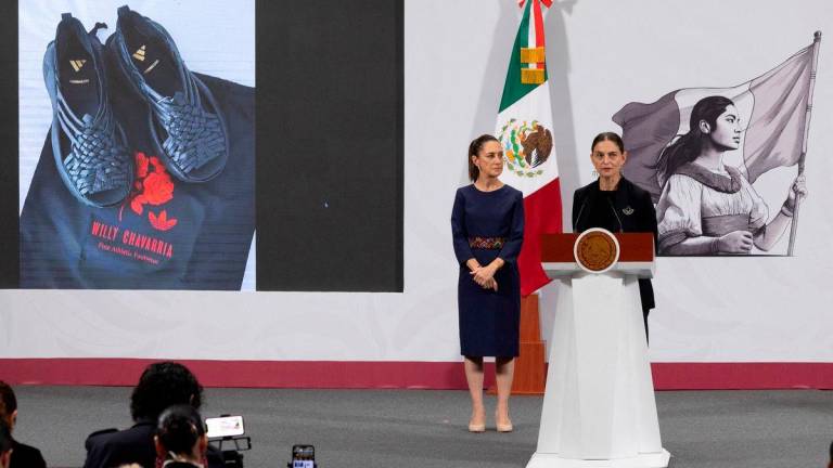 Marina Nunez Bespalova, Mexico’s Undersecretary of Cultural Development, speaks during President Claudia Sheinbaum’s morning press conference at the National Palace to condemn Adidas and U.S. designer Willy Chavarria over the “Oaxaca Slip On” shoe, accused of misappropriating a sandal design rooted in Zapotec Indigenous heritage, in Mexico City, Mexico. Reuterspix