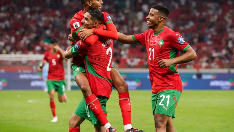 Morocco’s midfielder Azzedine Ounahi celebrates scoring with teammates during the FIFA World Cup 2026 Group E African qualification football match between Morocco and Niger. AFPPix