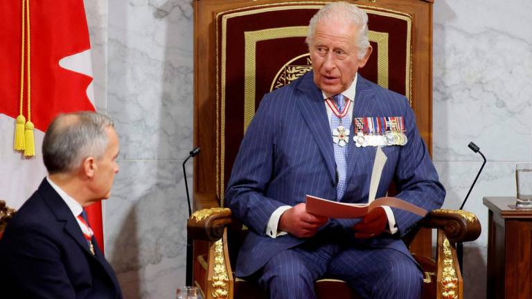Britain's King Charles III speaks as Canadian Prime Minister Mark Carney looks on during the opening the first session of the 45th Parliament of Canada at the Senate of Canada in Ottawa on May 27, 2025. AFPpix