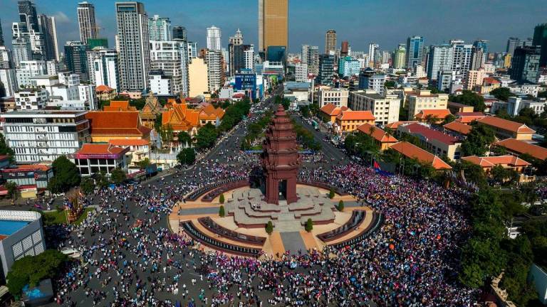 Tens of thousands of Cambodians took to the streets of Phnom Penh on June 18 for an official rally to support the government’s actions in its recent border dispute with Thailand. - Handout / UNION OF YOUTH FEDERATIONS OF CAMBODIA (UYFC) / AFP